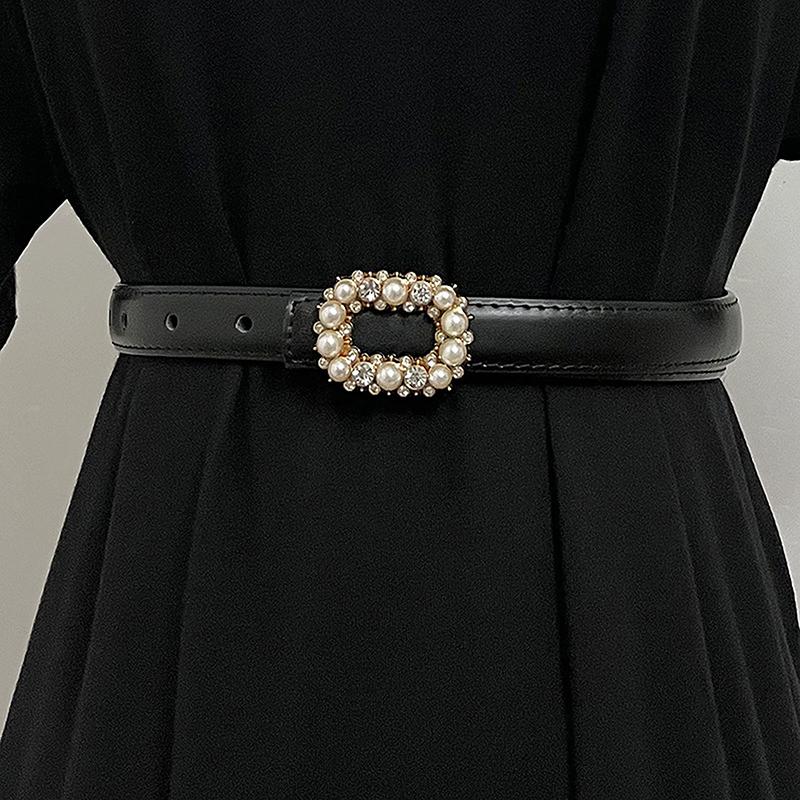 New Women'S Pearl Inlaid Buckle High-End Matching Fashion Decoration Dress Belt Sweater Versatile Genuine Leather Women'S Belt