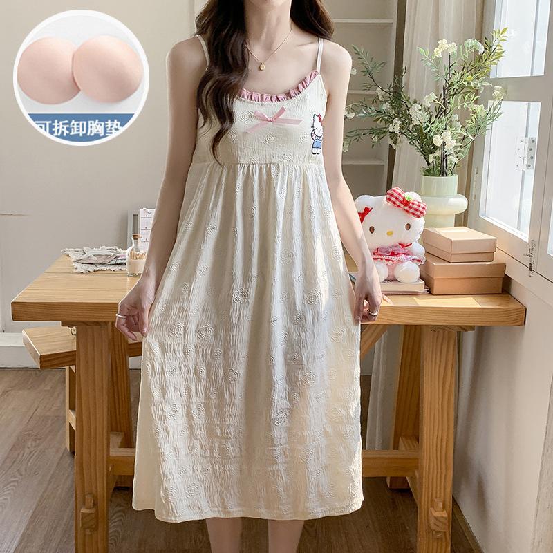 Summer New Woven Embossed Cloud Cotton Suspender Nightdress Women with Chest Pad Girl Loose Large Size Loungewear Long Dress