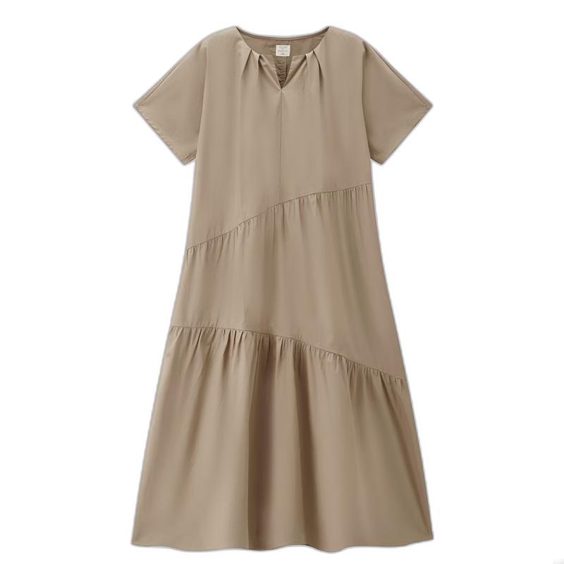 Giordano Women s Pure Cotton V-Neck Pleated Tiered Summer Dress XL