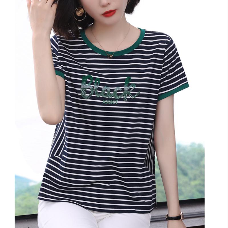 Modal Striped Short-sleeved Women's T-shirt Loose Summer Half-sleeved Blouse Middle-aged Letter Embroidery Thin Short-sleeved