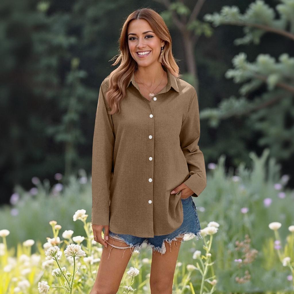 Women's Casual Solid Color Tops Long Sleeve Button Loose Breathable Shirt