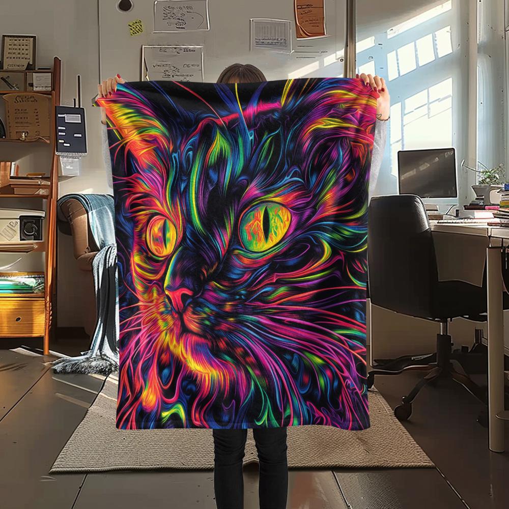 Neon Cats  Print Flannel Blanket, High quality Comfortable for All Seasons, Home Decor, Warmth and Comfort