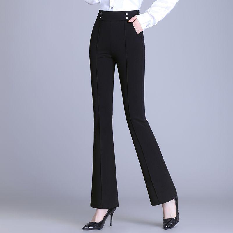 Damen Schwarz Hohe Taille Schlaghose Gerade Beine Elastisch Schlank Geschnitten Freizeit Hose