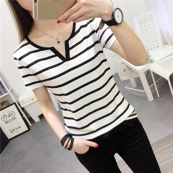 Summer Striped Tshirt Womens Vneck Casual Female Top