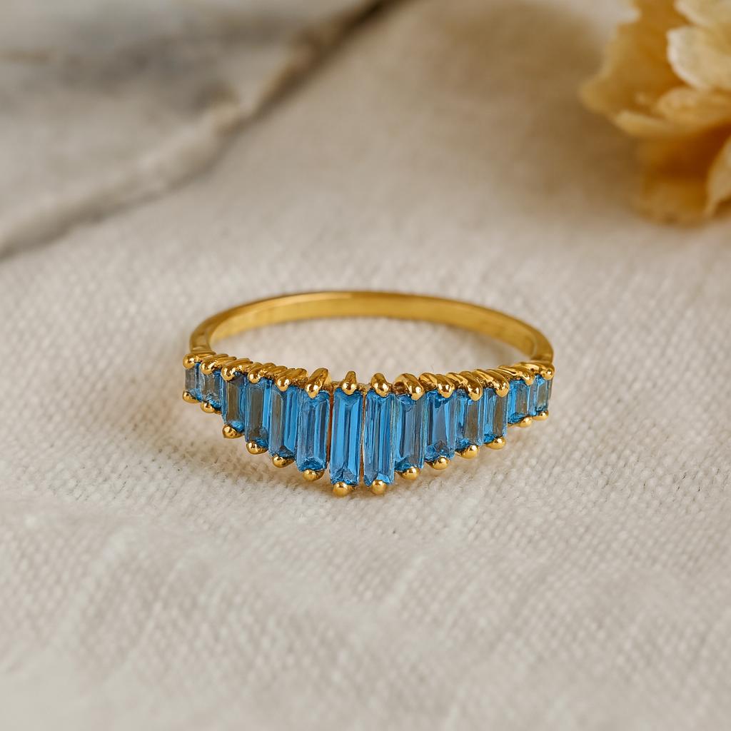 Wedding Engagement Anniversary Promise Gift – Vintage Teal Sapphire Baguette Engagement Ring, Yellow Gold Plated Art Deco Cluster Jewelry