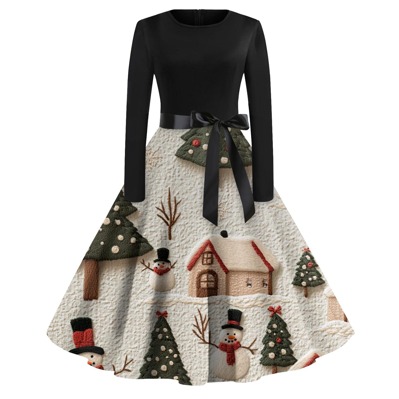 

Женская мода винтаж с длинным рукавом и круглым вырезом с рождественским принтом вечерние платья платья XXL