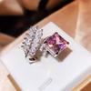 Silver New Fashion Raydean Ice Cut Ring Creative Feather Pink Diamond Opening Ring Party Birthday Jewelry Gift