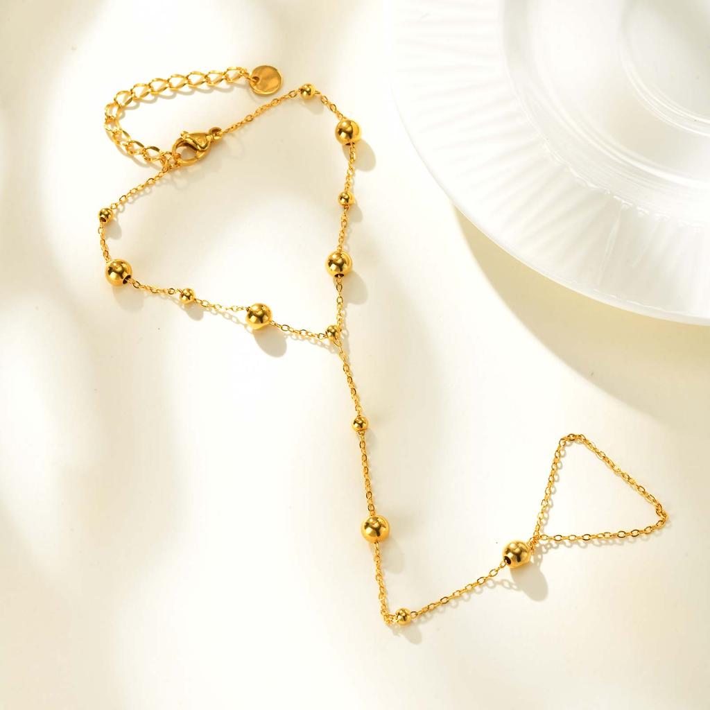 Stainless Steel Beaded Finger Chain Bracelet,Gold Color Flat Rolo Chain Bracelets for Women,Minimalist Jewelry Gift