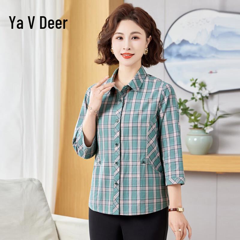 Yalu Women s Plaid 3/4 Sleeve Cotton Shirt L