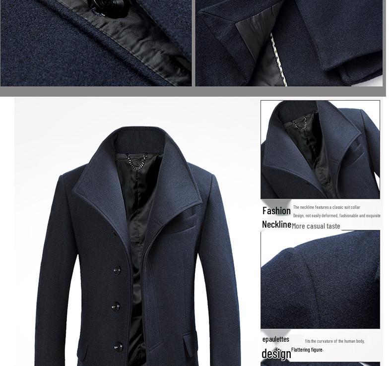 2023 Winter Men's Mid-Length Turn-Down Collar Wool Blend Overcoat: Middle-Aged Business Casual.