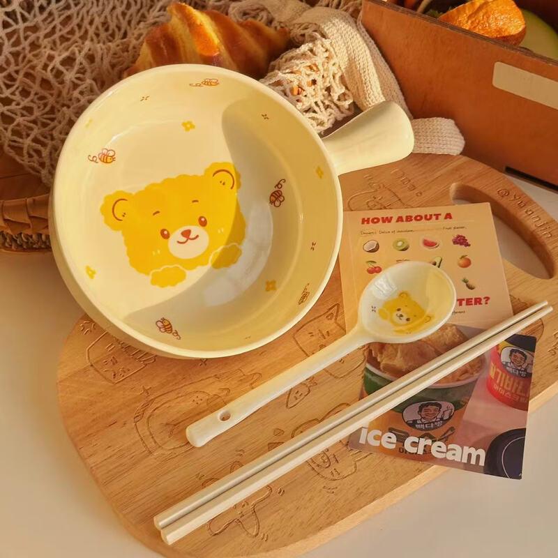 ZISIZ Cute Cheese Bear Ceramic Handle Noodle Bowl Set