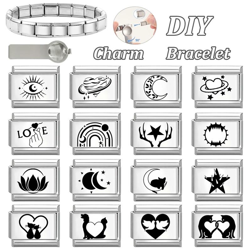 Fashion Laser Engraving Love Series Eye Sun Moon Cat Star Italian Charm Links Fit 9mm Stainless Steel Bracelet DIY Making Gift