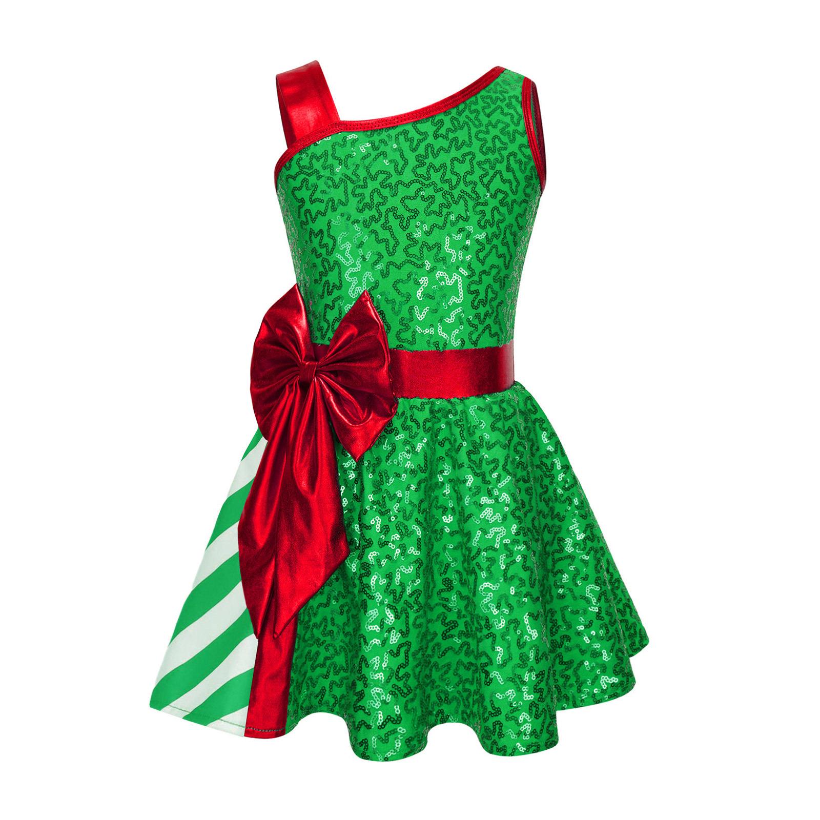 

Girls Sparkly Sequin Christmas Jumpsuit Asymmetrical Shoulder Big Bow Stripe Themed Party Costume 7-8 Years