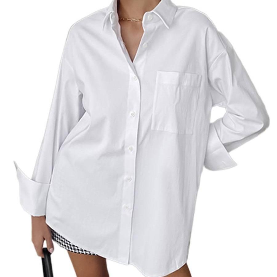 Spring and Summer Simple Loose Fit White Shirt Casual Fashion Mid-Length Top for Women