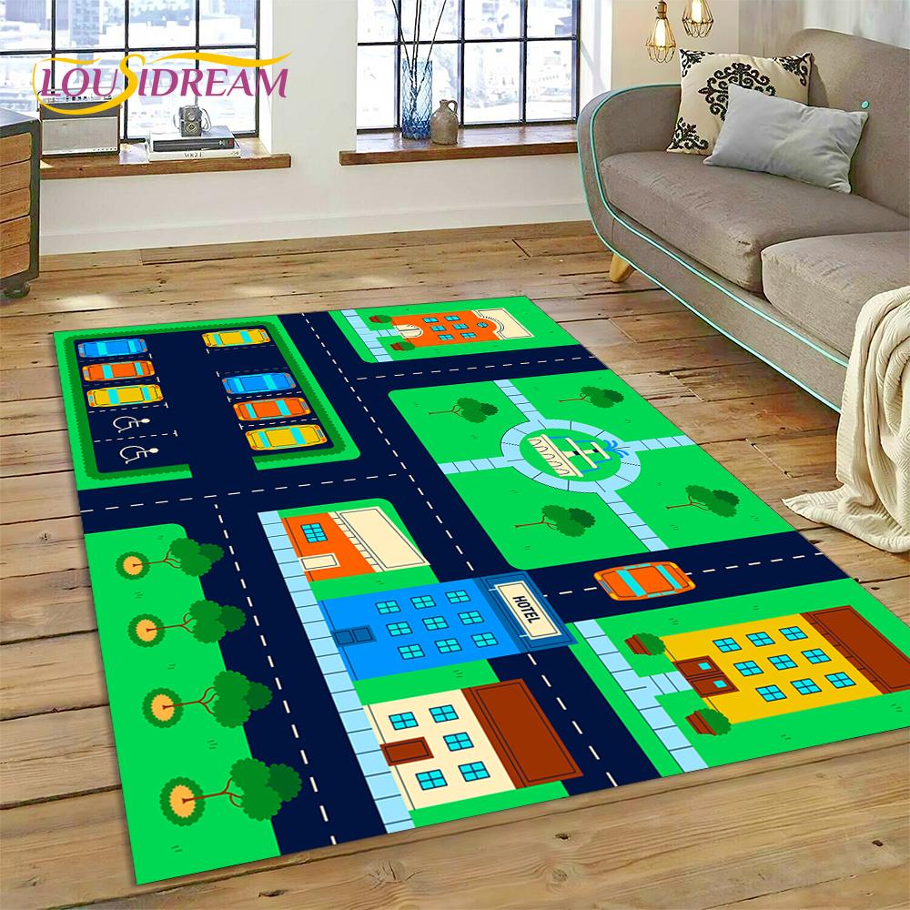City Traffic Road Map Runway Child PlayMat Highway Playroom Area Rug,Carpet Rug for Living Room Bedroom Sofa Doormat, Non-slip