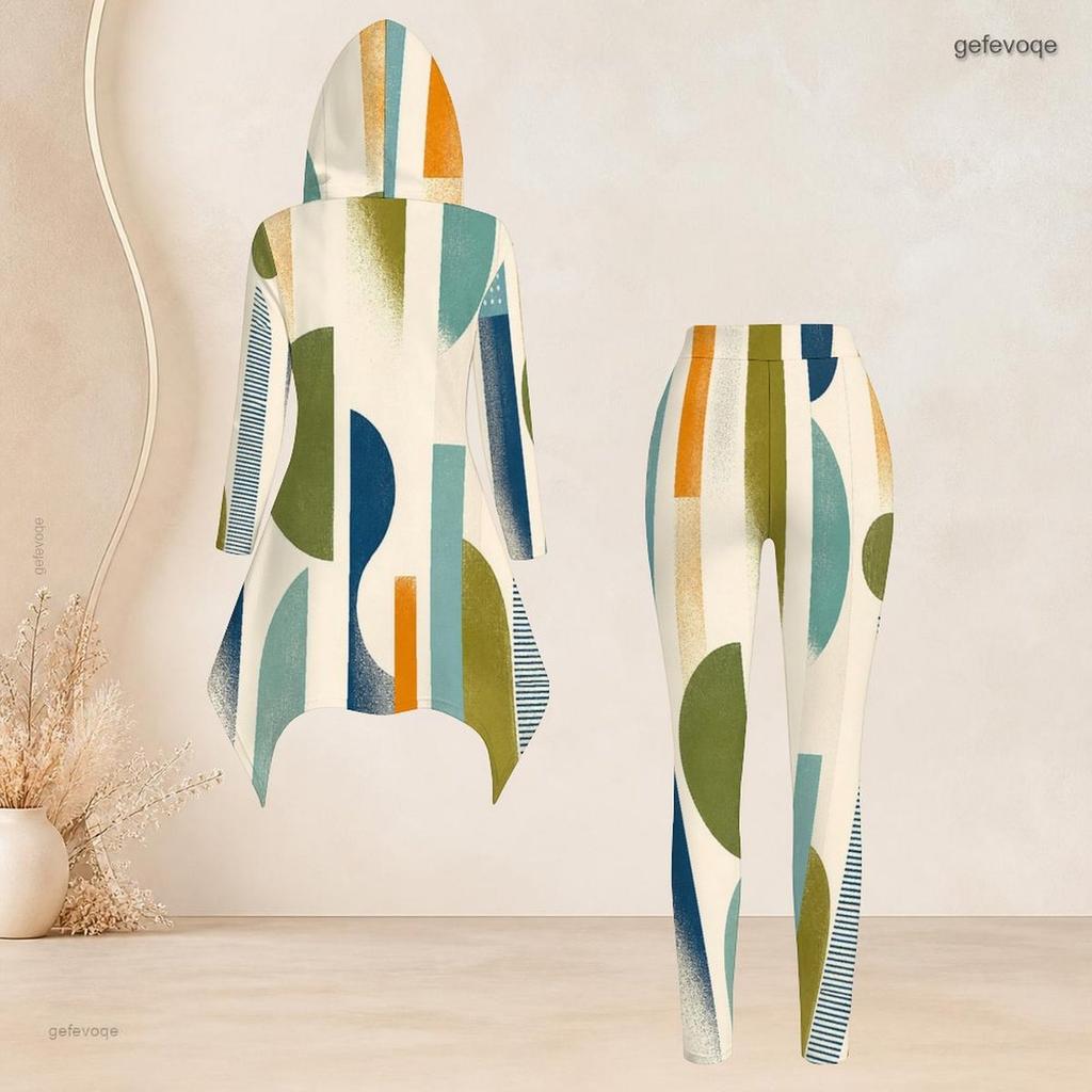 Women Plus Size Geometric Printed Hooded Long Sleeve High Low Top Fitted Pants Set
