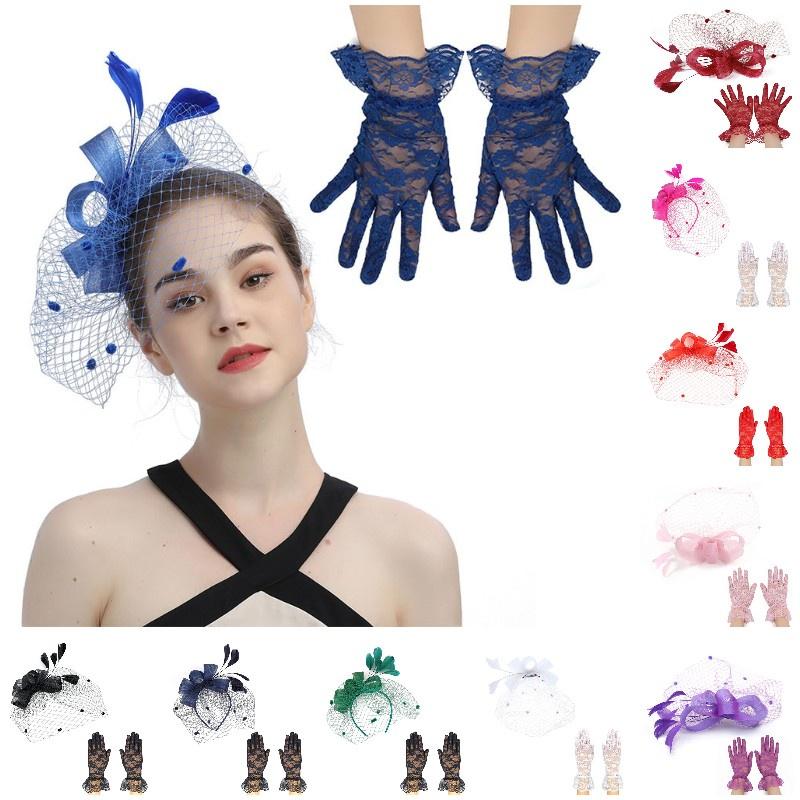 Oberoende Förpackning Spetshandskar Och Vintage Slöja Pannband Set För Bröllop Rese Souvenirer Personal Förmåner Ha5082 Set