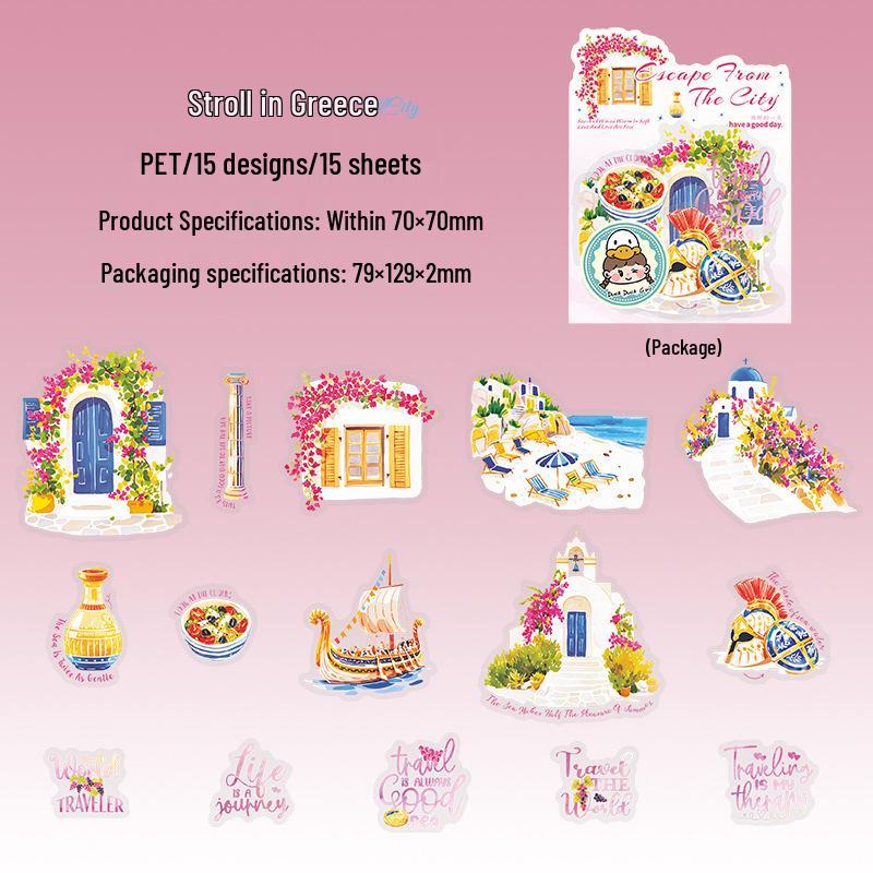 European Style Travel Scenery PET Stickers: 6 Beautiful Day City Escape Designs for Journaling & DIY