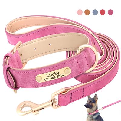 Maßgefertigtes PU-Leder Hundehalsband Leine Set Personalisierte Hundehalsbänder Kostenloses graviertes Namensschild für Kleine Mittelgroße Hunde Pitbull Labrador