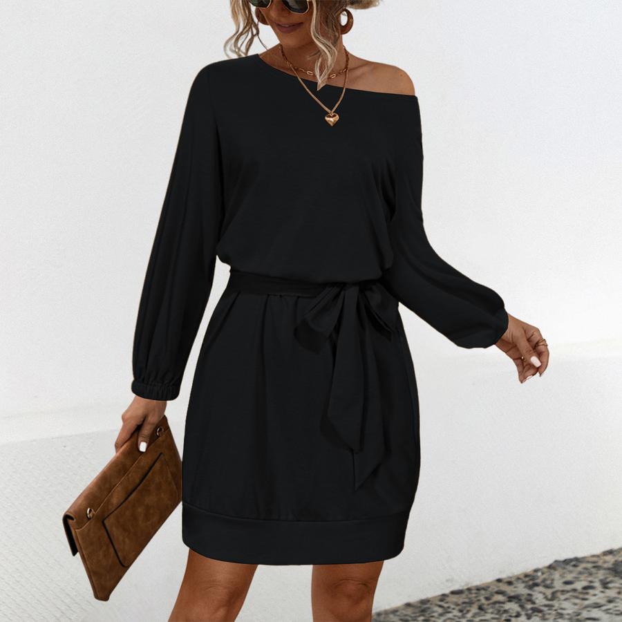 

Spring Women s Clothing Wish Slanted Shoulder Solid Color Patchwork Long Sleeve Dress XL чорний