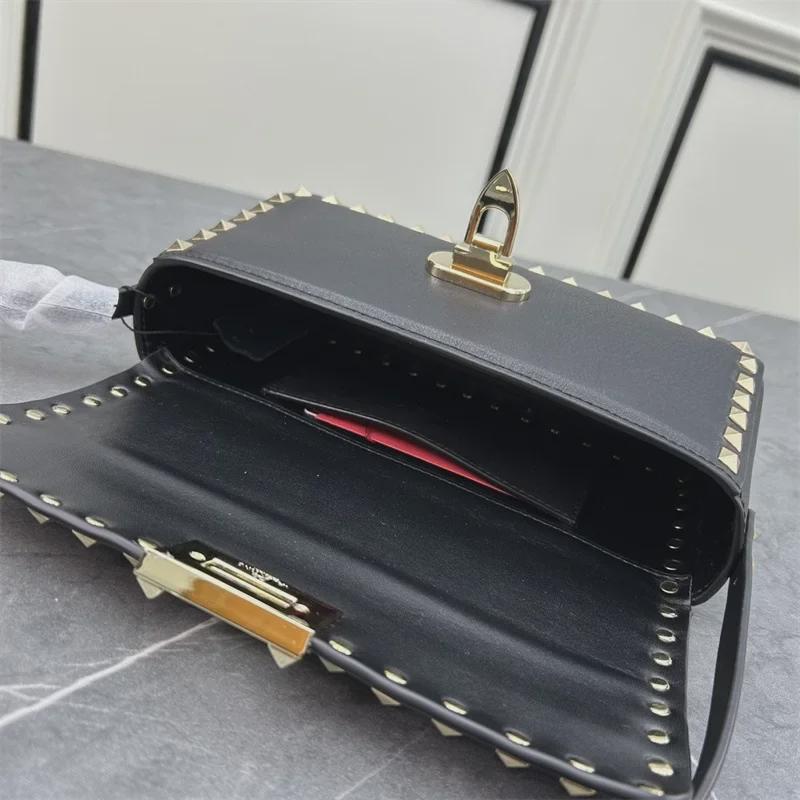 Luxurious Women's Cowhide Rivet Crossbody Shoulder Bag - Versatile Solid Color Flap Design
