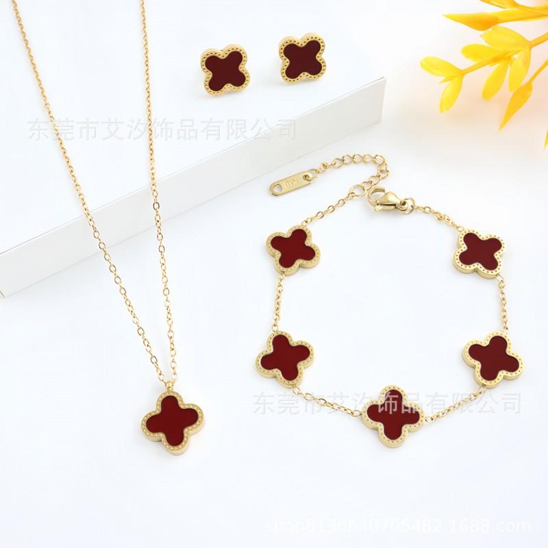 13mm Lucky Clover Floral Set Necklace Bracelet Earrings Titanium Steel 18K Plated Fashion Jewelry Women Men