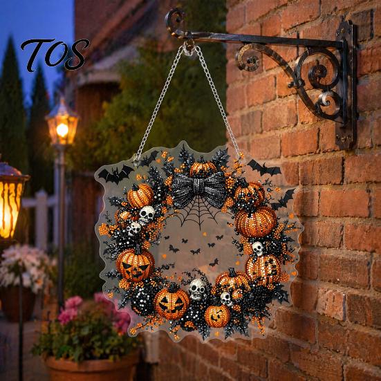 Festive Pumpkin Window Ornament Halloween Pendant Decoration with Hanging Chain Waterproof Acrylic Welcome Spooky Bat And Spider Web Decor Sign