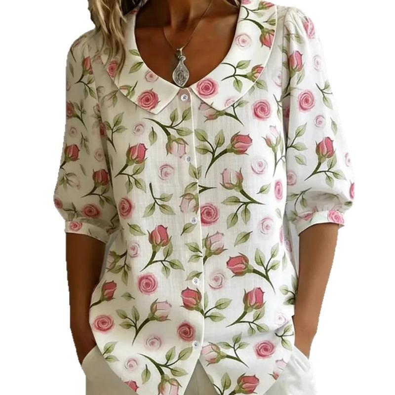 Women Floral Print Loose Peter Pan Collar Button Down Shirt