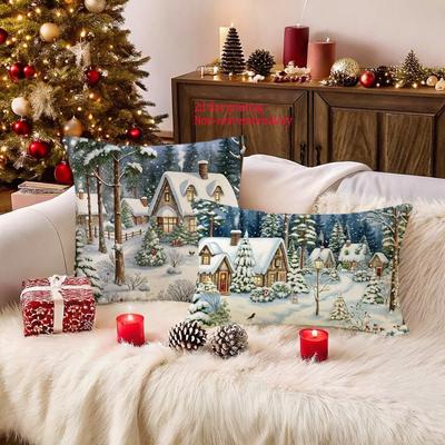 Christmas Snowy Village Pillowcase: 2D Flat Printed for Festive Charm! Sofa Cushion Cover, New Year Home Decoration