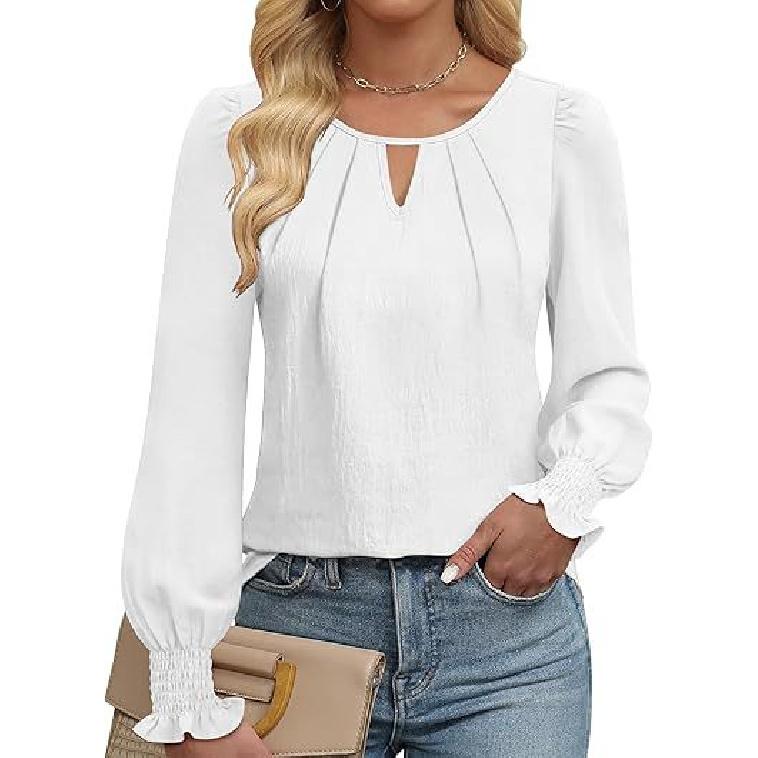 2026 Women s Long Sleeve Top Fashion Casual Keyhole Pleated Fashion Shirt for Women S белый