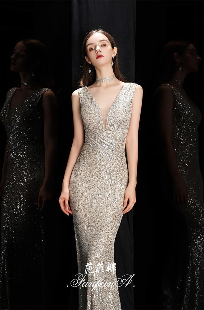 JINZUOMA Mermaid Long Party Evening Sequin Slim Elegant for and Graduations Women's Dress, Dress, Dress, Dress, Dress, Fit, V-Neck, Formal, Sexy,