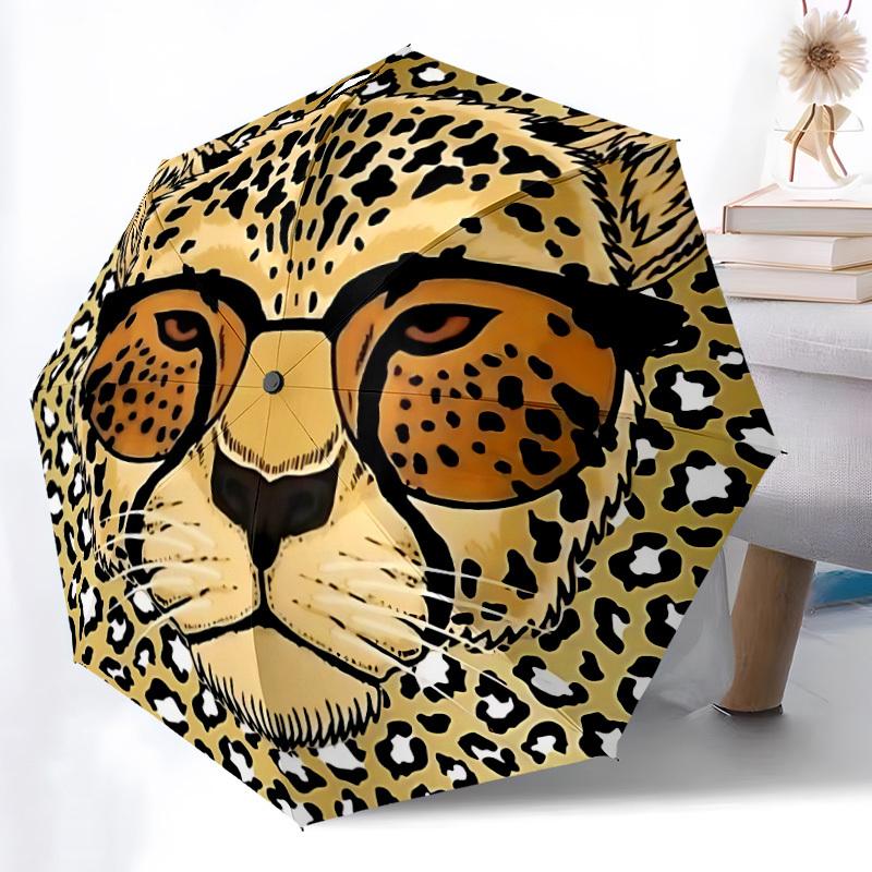 1pc Leopard Print Automatic Folding Umbrella - Compact 8-Rib Design, Durable Plastic & Iron, Lightweight for Outdoor Daily Use312