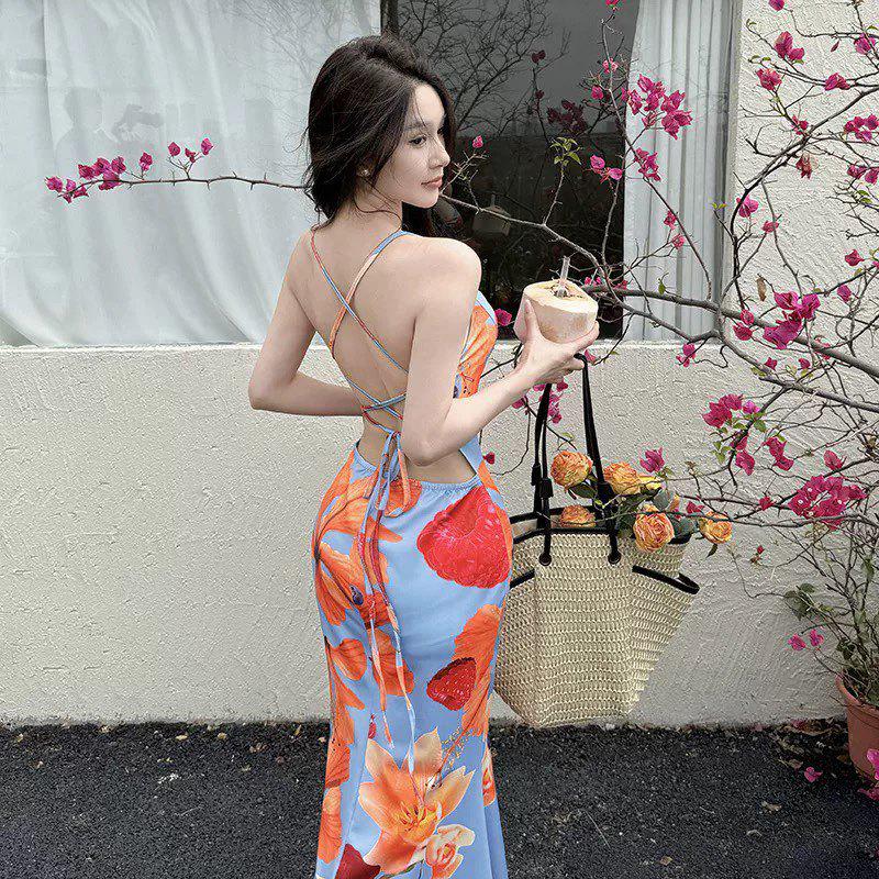 Southeast Asia Resort-Style Tie-Up Spaghetti Strap Summer Dress for Women