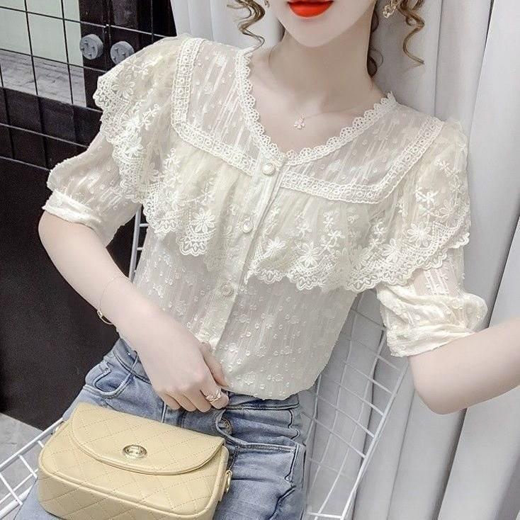 Summer Fashion Lace Ruffle Sleeveless Blouse With 3d Pattern For Casual Women
