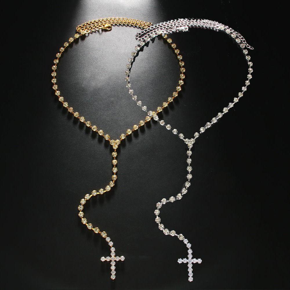 Rhinestones Cross Pendant Necklace Shiny Clavicle Chain  Jewelry Accessories