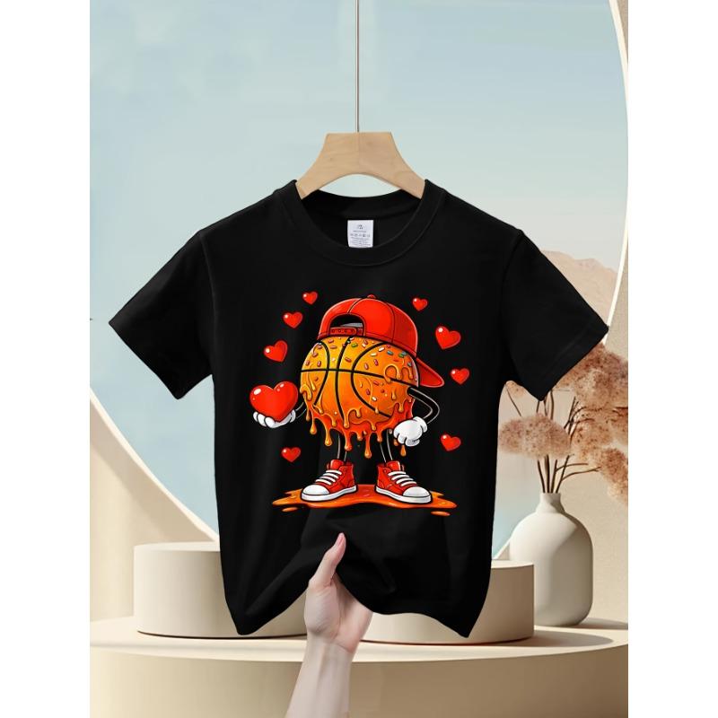 European Sizes Soft Breathable Valentine Basketball Heart Drip Sport Valentines Day T-Shirt for Kids | Boys & Girls Graphic Tee - Round Neck