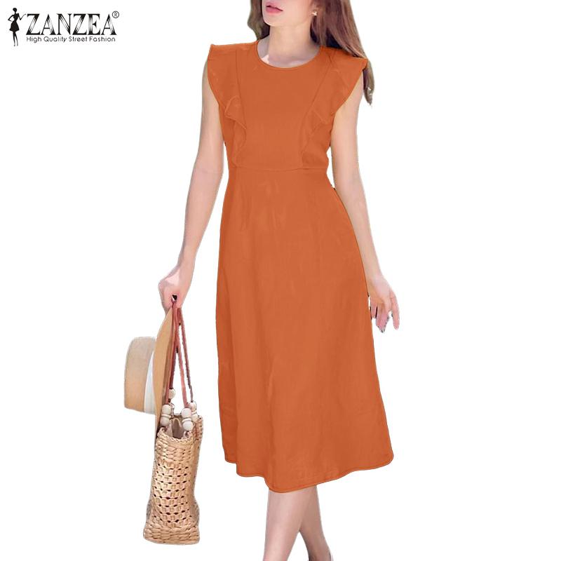 ZANZEA Women Casual Round Neck Ruffles Splice Sleeveless Dress