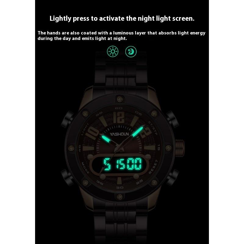 Top Brand Multifunctional Dual Display Electronic Watch Sport Men's Watch Steel Strap Quartz Wrist Watch