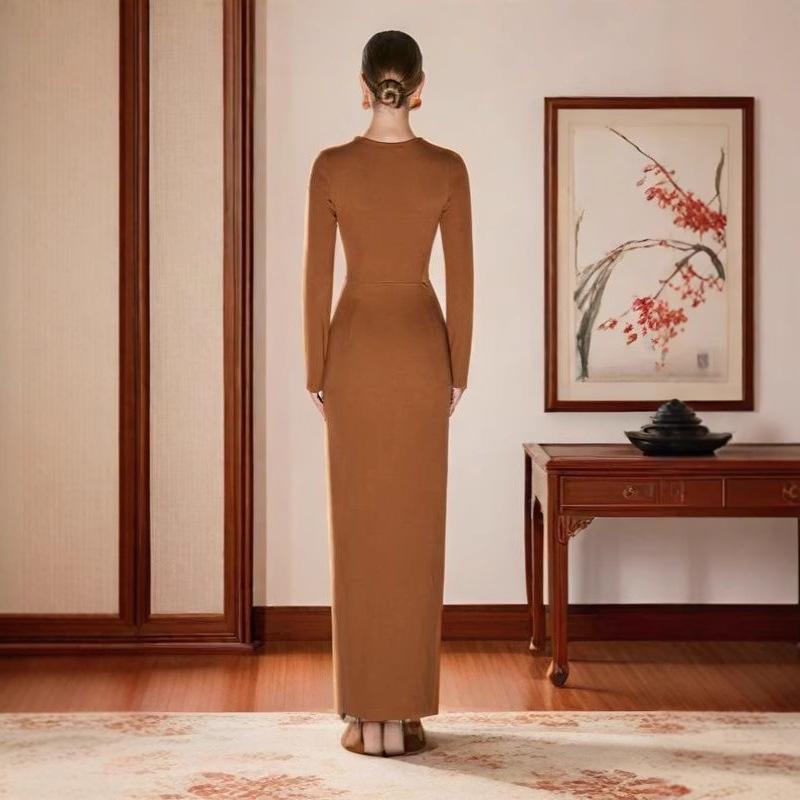 2025 Summer Elegant European & American Women's Round Neck Slit Pleated Long Sleeve Waist-cinching Dress