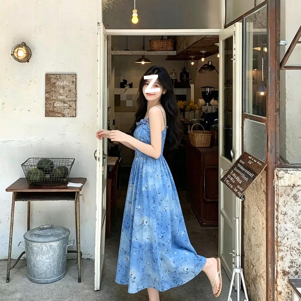 French Chang Dress Women's Summer Waist and Thin Temperament Elegant Embroidery Tie-dye Suspender A-shaped Skirt