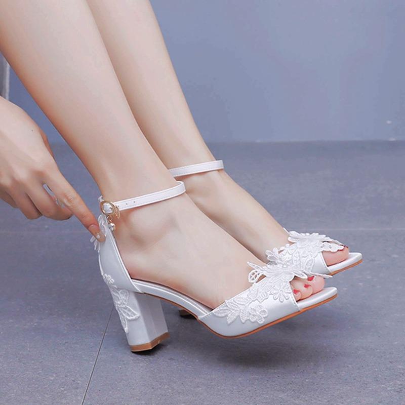 Women White Silk High Heels Summer Peep Toe Buckle Strap Bridal Wedding Dress Sandals