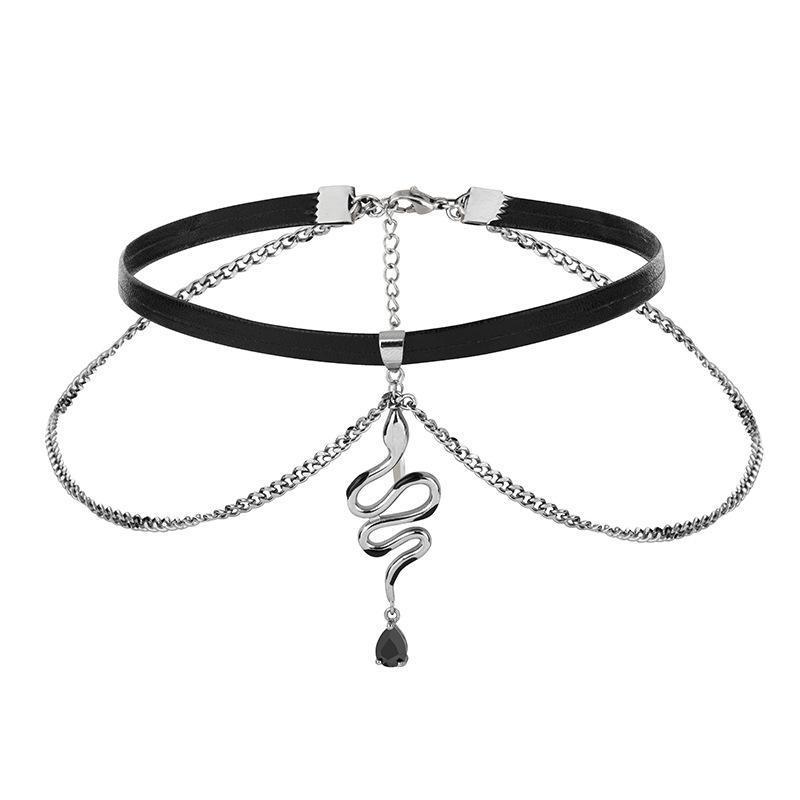 Animal Zodiac Double Layer Snake Skin Choker Necklace With Water Wave Chain For Women