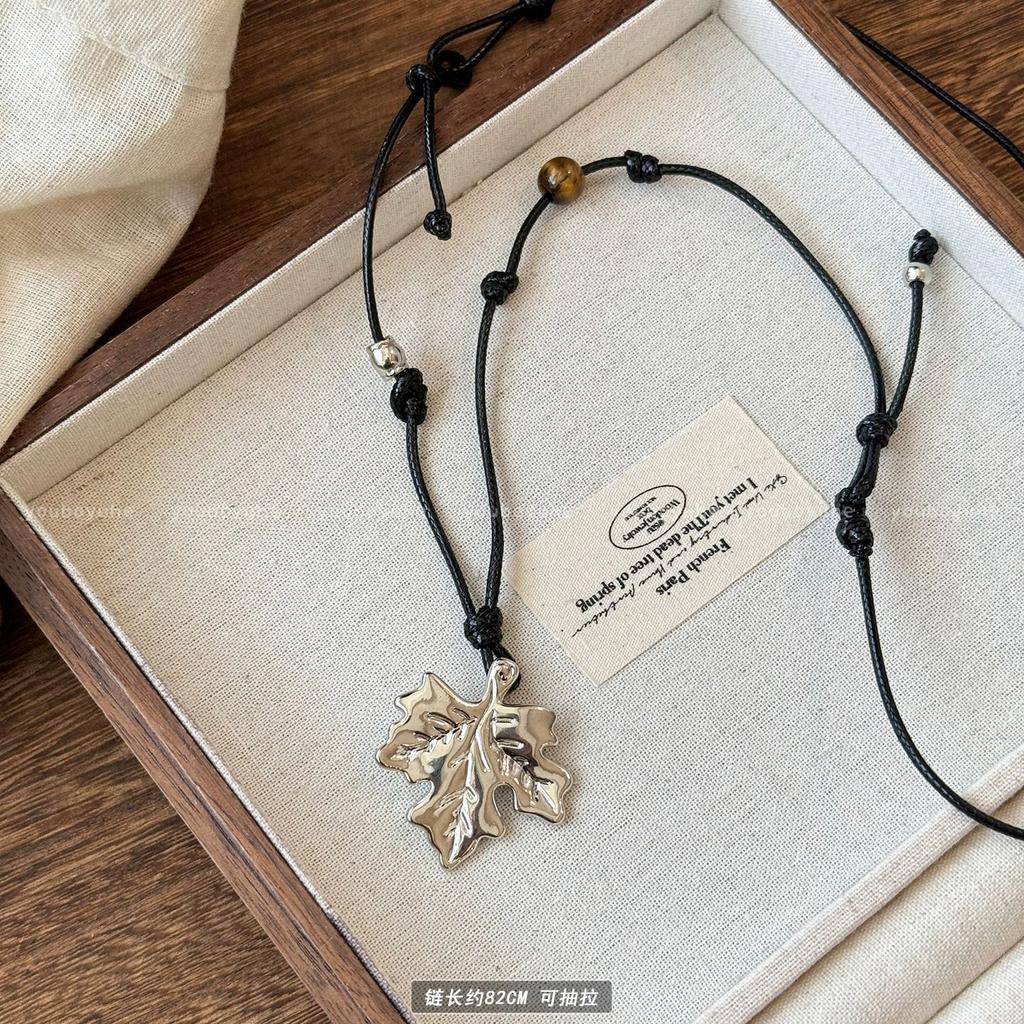 Tiger's eye stone gold maple leaf beaded necklace women's retro ethnic style long sweater chain neck accessories