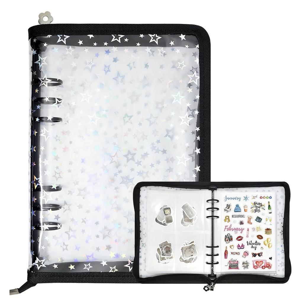 Sticker Storage Organizer Binder A5 Sticker Collecting Book Reusable Zipper Album with Clear Laser Star Cover and Pocket Pages