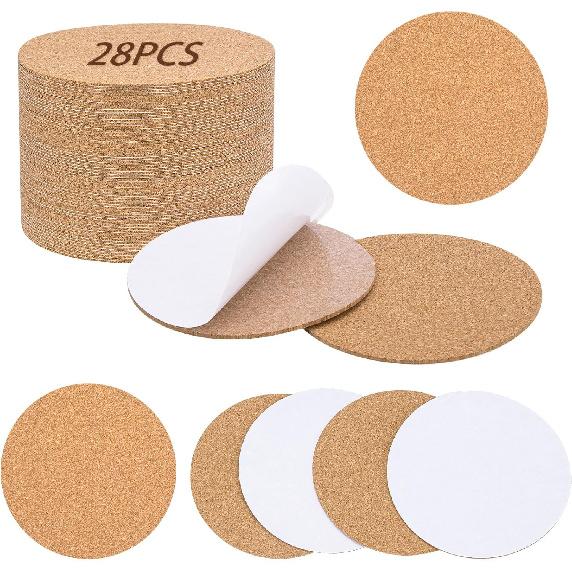 28PCS Self-Adhesive Cork for DIY Coasters (Thickness: 2MM), 3.74" Round Coasters for DIY Crafts, Drinks and Home Tabletop Decoration, with Strong