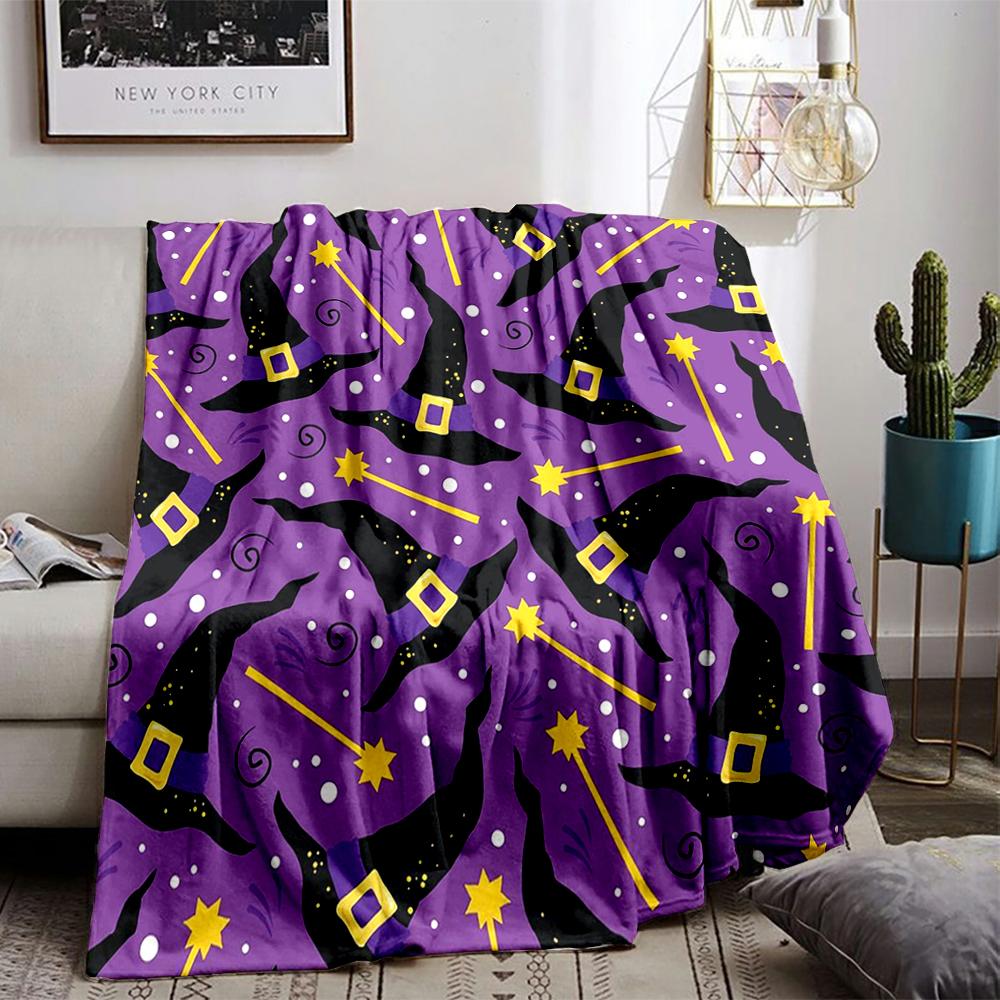 Purple Witch Hat and Wand Pattern Flannel Blanket for Bedroom, Living Room, Sofa, and Nap