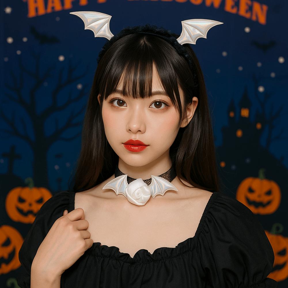 Mesh Bat Wings Hairband Lace Halloween Hair Hoop Fashion Headband Necklace Set  Halloween Party