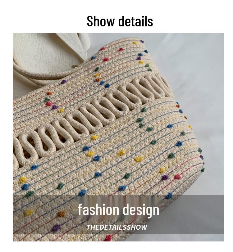 Retro Style Women's Color Block Large Cotton Rope Woven Beach Bag