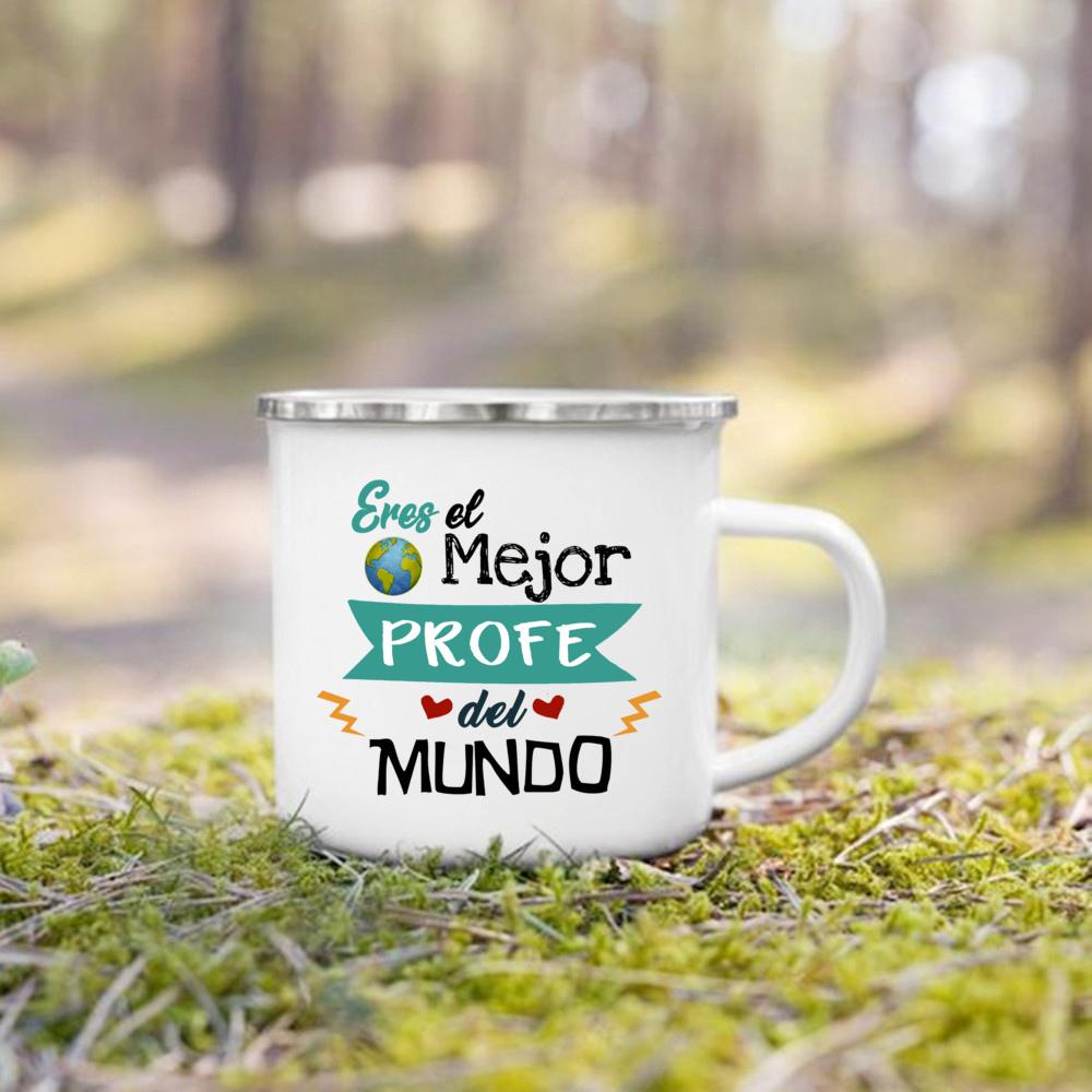 Best Teacher in The World Spanish Printed Mug Creative Coffee Cups Drinks Enamel Cup Vintage Handle Drinkware Gifts for Teacher