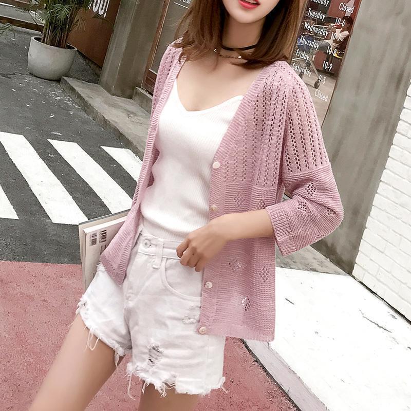 Sunscreen air-conditioning shirt hollow knitted cardigan women's summer temperament casual seven-quarter sleeve thin jacket loose outer fit